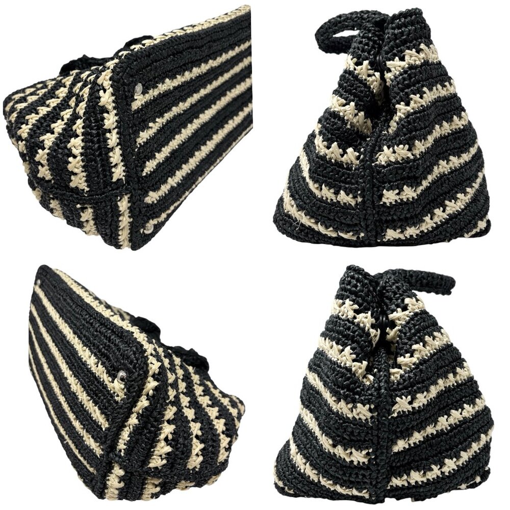 PRADA Vintage Triangle Logo Canapa Tote Bag Handbag Black Beige Raffia [106401] - Picture 13 of 15